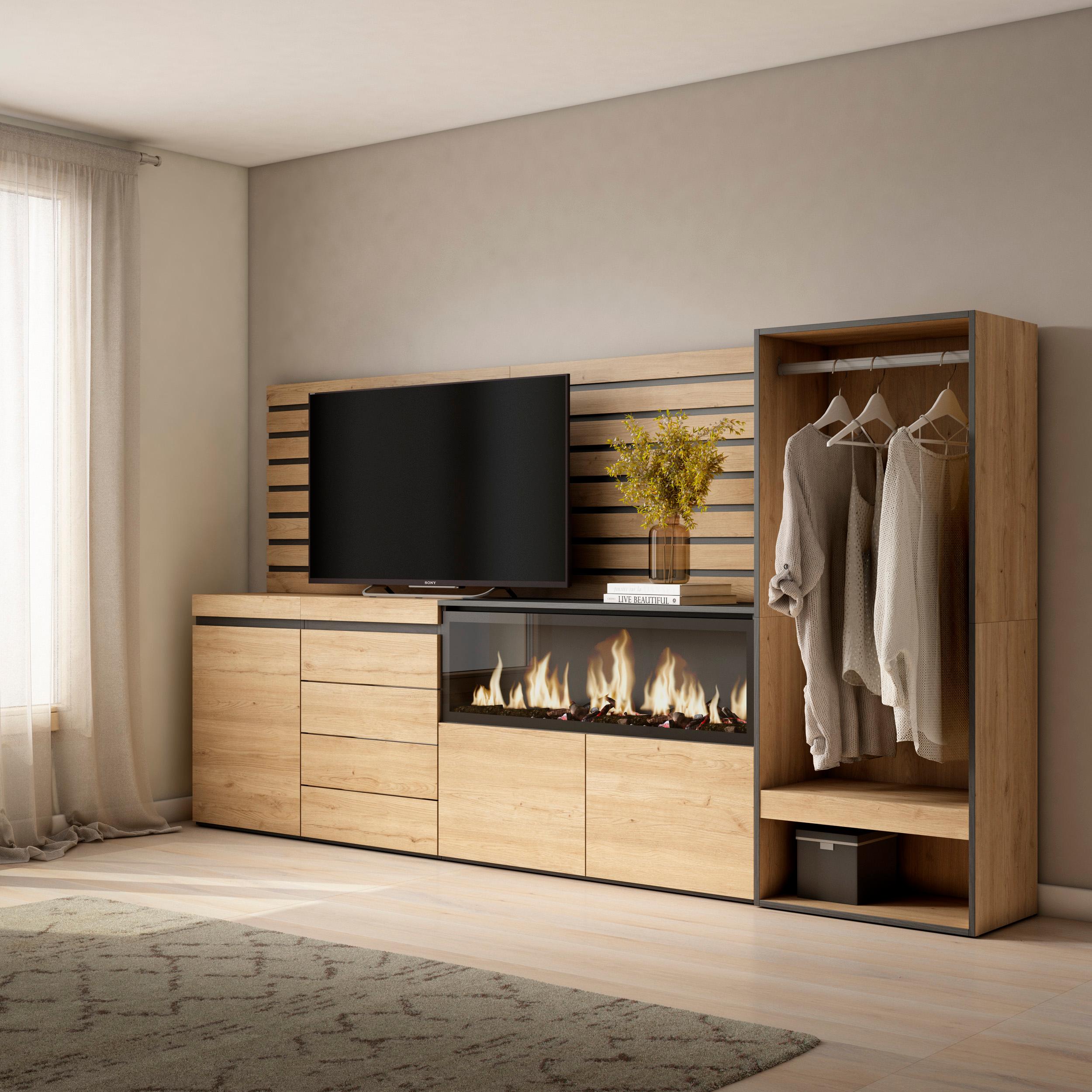 foto del prodotto credenza, 274x35x145cm, camera da letto, camino elettrico xxl, cassettiera, armadio aperto, colore rovere rf3399