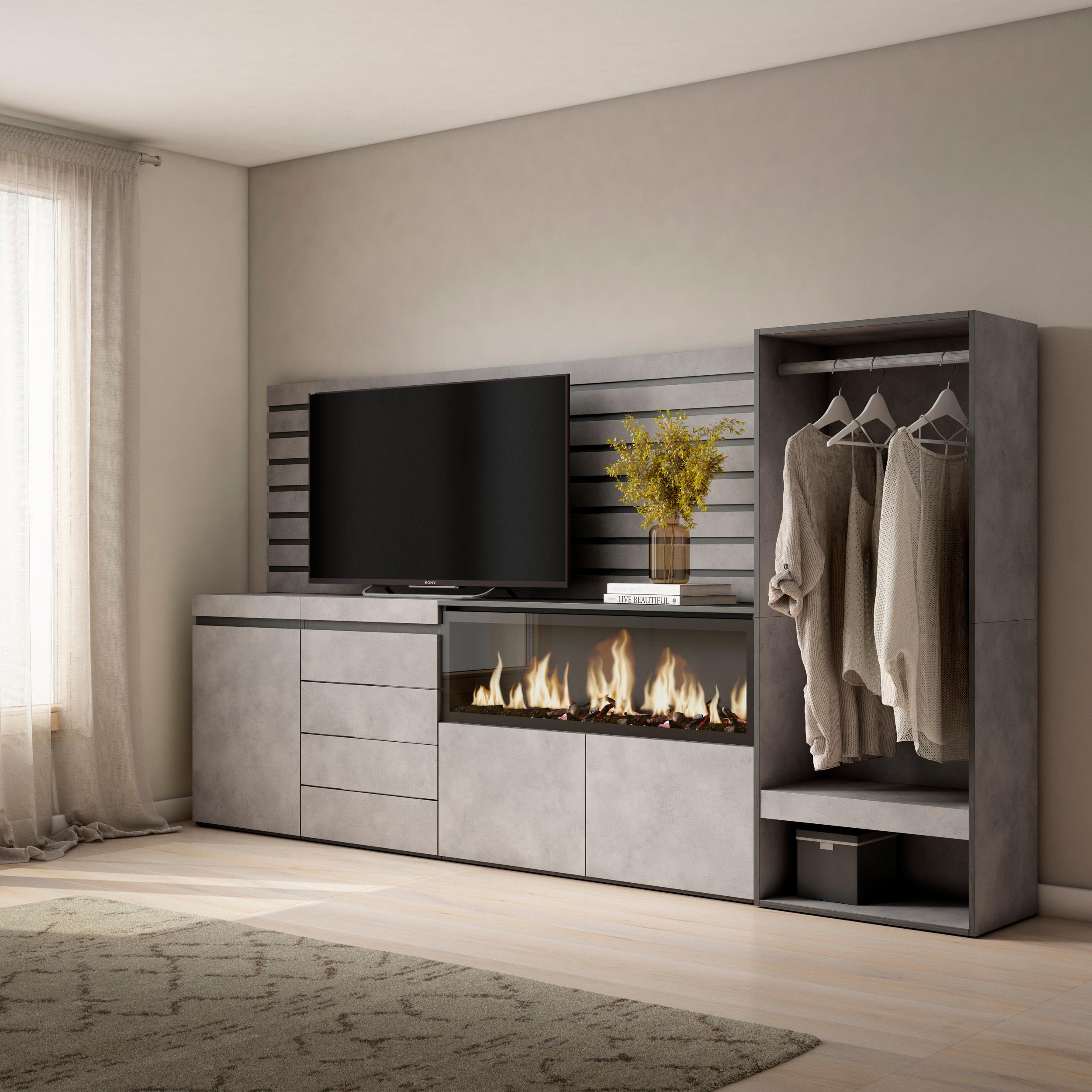 foto del prodotto credenza, 274x35x145cm, camera da letto, camino elettrico xxl, cassettiera, armadio aperto, grigio cemento rf3393