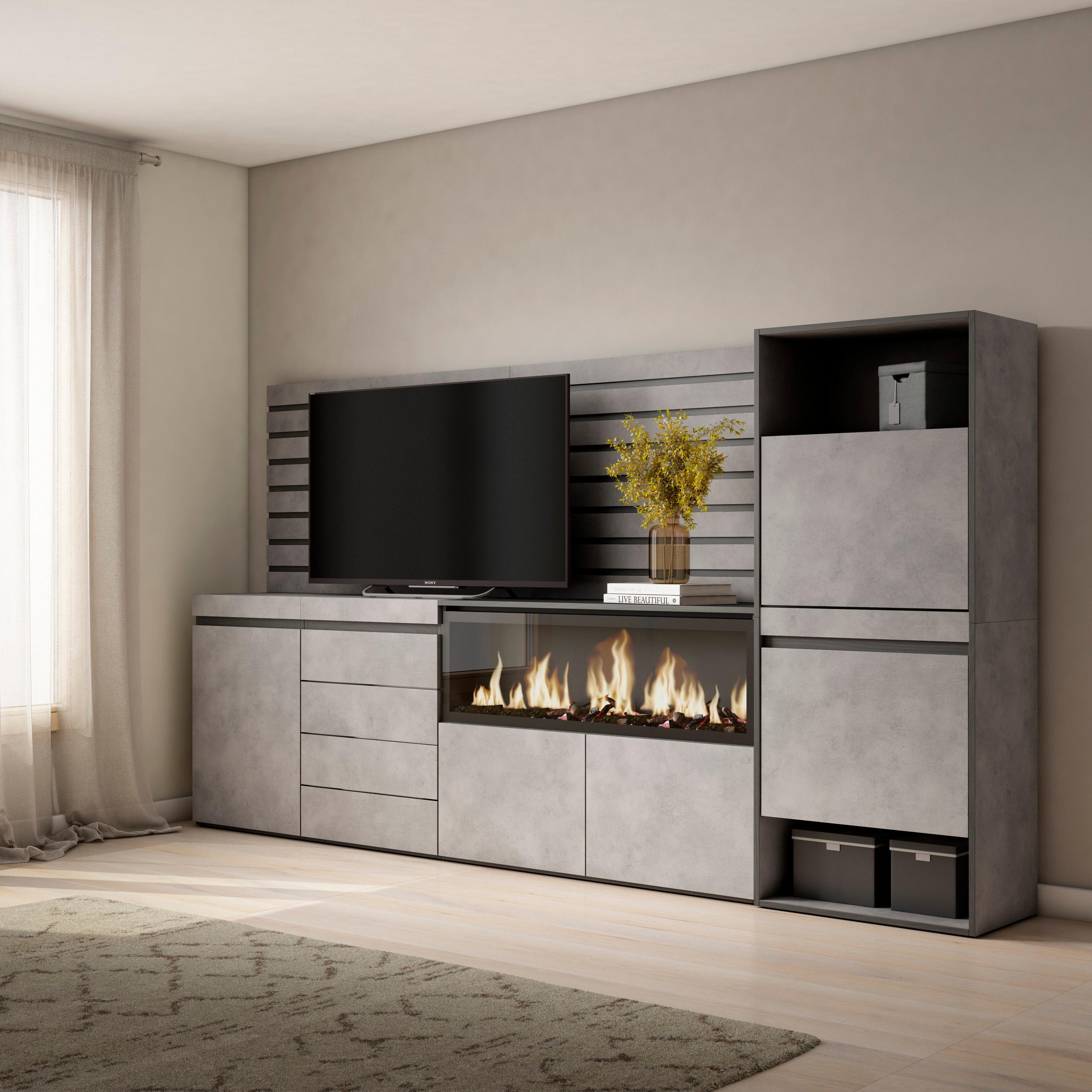 foto del prodotto credenza, 274x35x145cm, camera da letto, camino elettrico xxl, cassettiera, scarpiera, grigio cemento rf3394