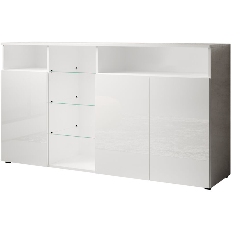 foto del prodotto credenza 3 ante con led madia moderna mobile soggiorno sala da pranzo 150x82x40cm modello clark l bianco finitura lucida