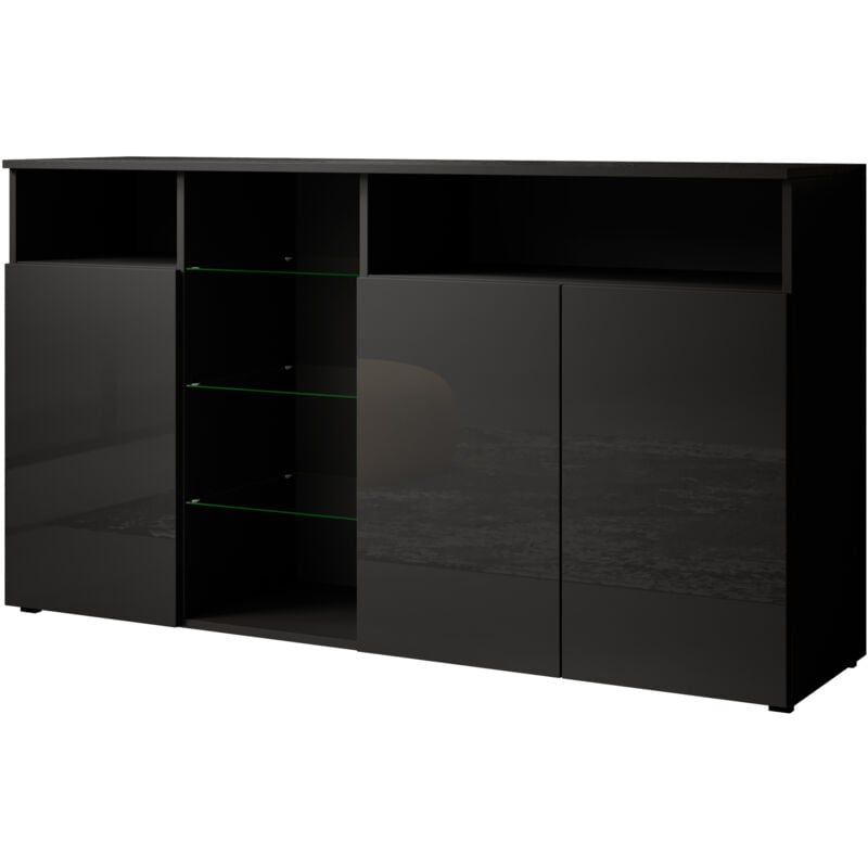 foto del prodotto credenza 3 ante con led madia moderna mobile soggiorno sala da pranzo 150x82x40cm modello clark l nero finitura lucida