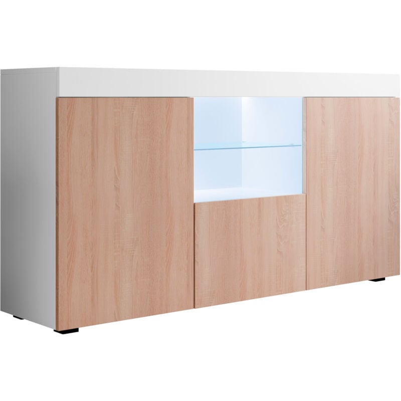 foto del prodotto credenza 3 ante con led madia moderna mobile soggiorno sala da pranzo 150x83x40cm modello natolia bianco e sonoma finitura opaca