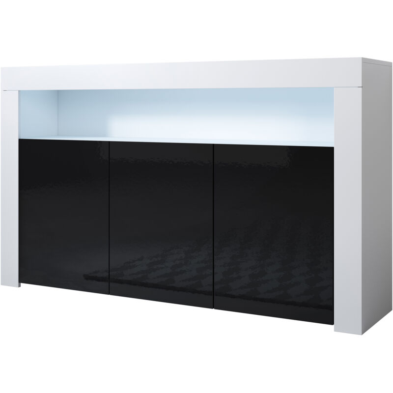 foto del prodotto credenza 3 ante con led madia moderna mobile soggiorno sala da pranzo 155x91x37cm modello aker bianco e grigio finitura lucida