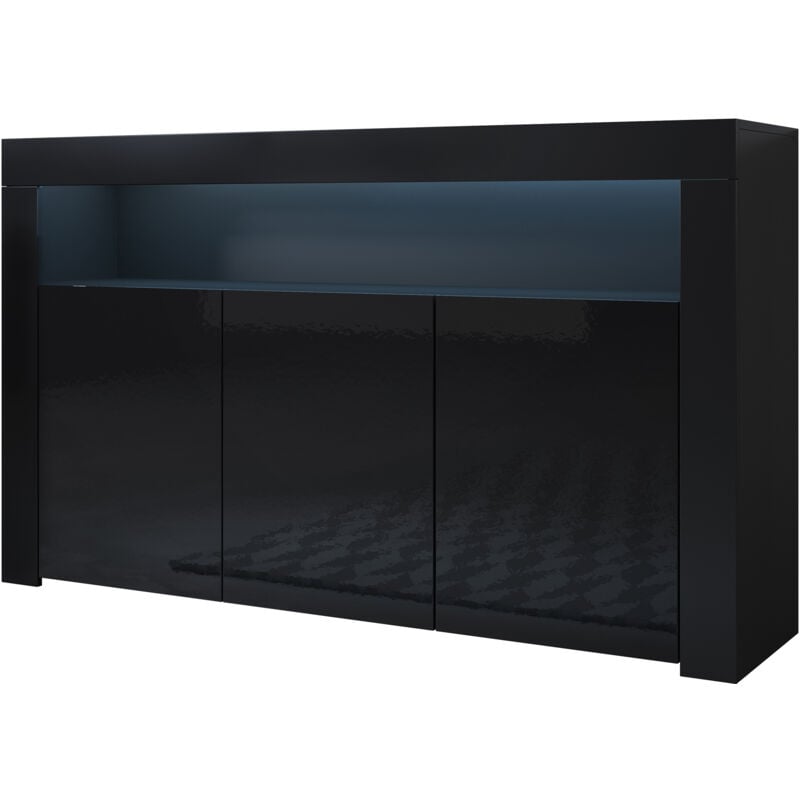 foto del prodotto credenza 3 ante con led madia moderna mobile soggiorno sala da pranzo 155x91x37cm modello aker bianco e nero finitura lucida