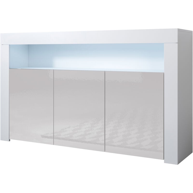 foto del prodotto credenza 3 ante con led madia moderna mobile soggiorno sala da pranzo 155x91x37cm modello aker bianco finitura lucida e sonoma opaco