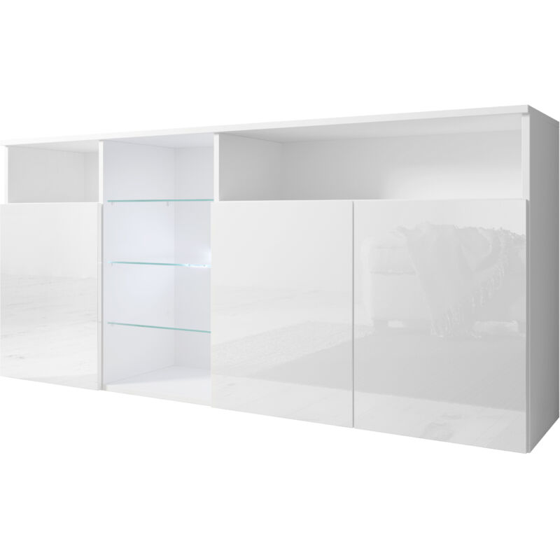 foto del prodotto credenza 3 ante con led madia moderna soggiorno mobiletto sala da pranza buffet 150x70x35cm modello clark bianco finitura lucida