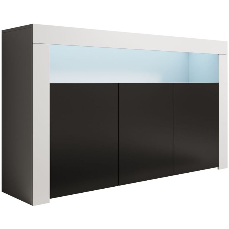 foto del prodotto credenza 3 ante con led madia moderna soggiorno mobiletto sala da pranza buffet 155x91x37cm modello aker bianco e nero finitura opaca