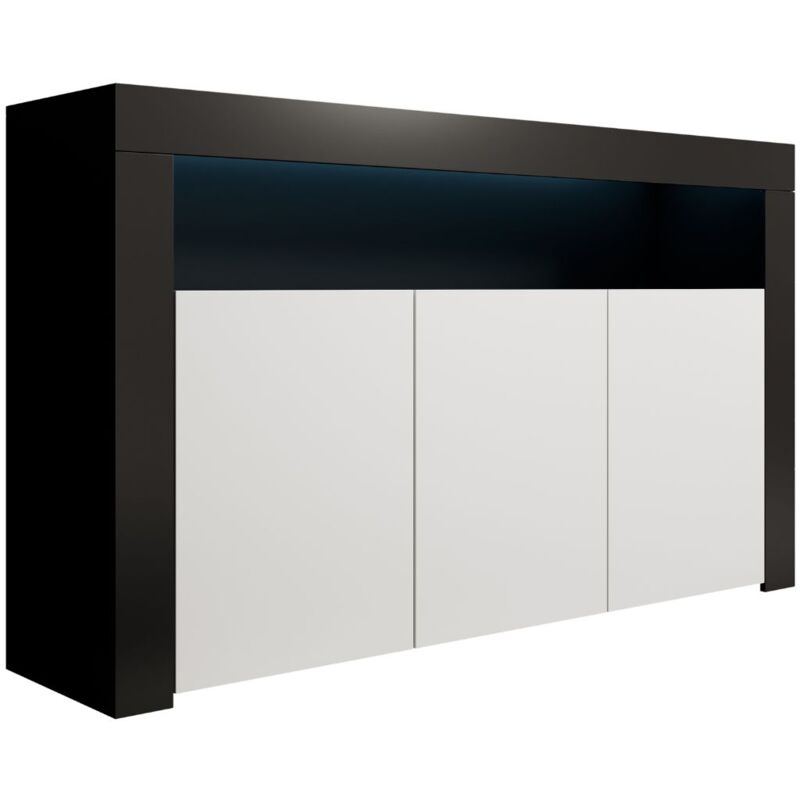 foto del prodotto credenza 3 ante con led madia moderna soggiorno mobiletto sala da pranza buffet 155x91x37cm modello aker nero e bianco finitura opaca
