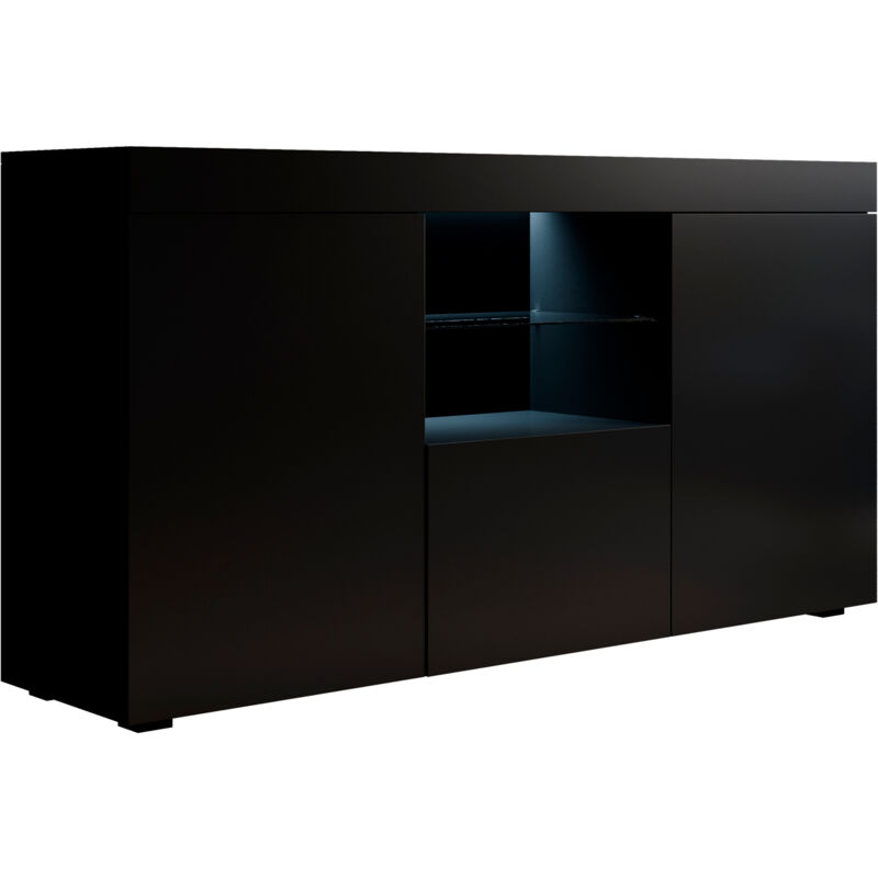 foto del prodotto credenza 3 ante con led madia moderna soggiorno mobiletto sala da pranza buffet cucina 150x83x40cm modello natolia nero finitura opaca