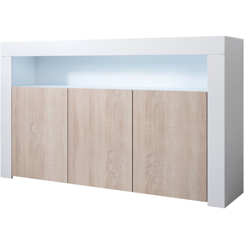 foto del prodotto credenza 3 ante con led madia moderna soggiorno mobiletto sala da pranza buffet cucina 155x91x37cm modello aker bianco finitura lucida