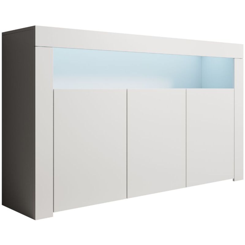 foto del prodotto credenza 3 ante con led madia moderna soggiorno mobiletto sala da pranza buffet cucina 155x91x37cm modello aker bianco finitura opaca