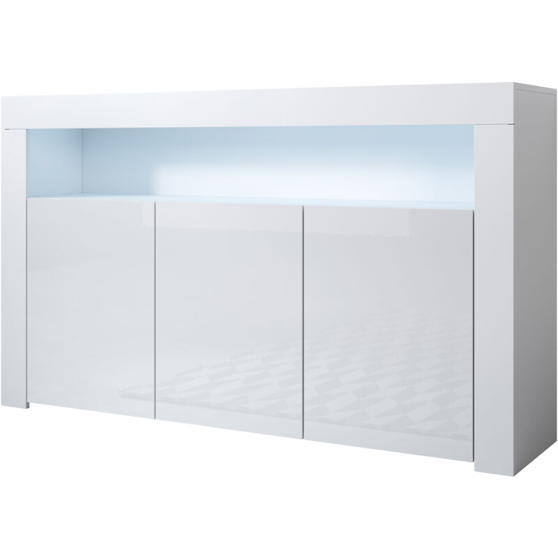 foto del prodotto credenza 3 ante con led madia moderna soggiorno mobiletto sala da pranza buffet cucina 155x91x37cm modello aker nero finitura lucida