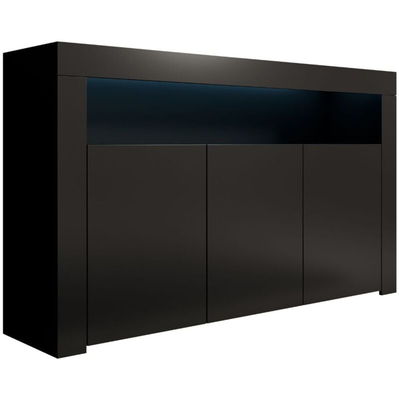 foto del prodotto credenza 3 ante con led madia moderna soggiorno mobiletto sala da pranza buffet cucina 155x91x37cm modello aker nero finitura opaca