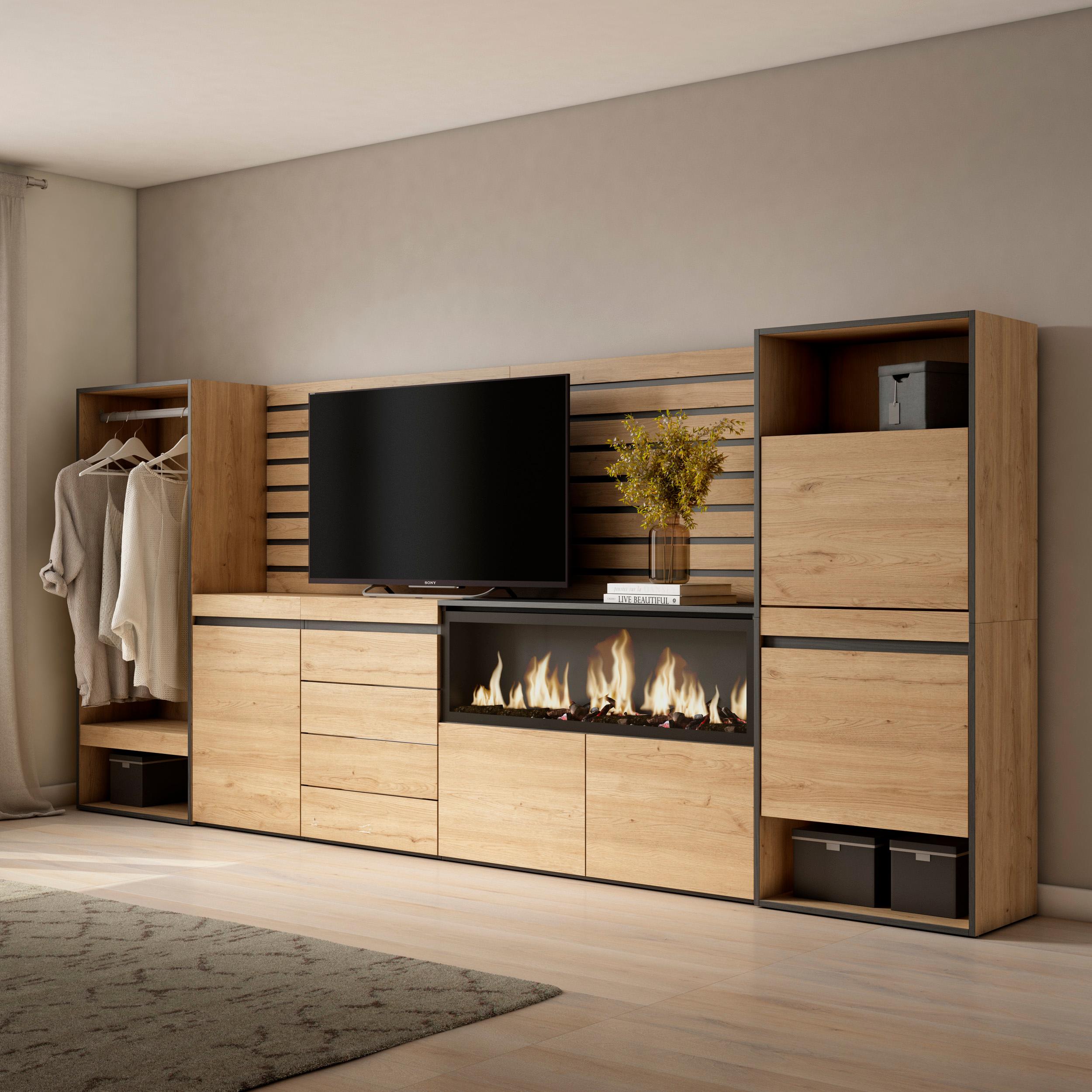 foto del prodotto credenza, 334x35x145cm, camera da letto, camino elettrico xxl, cassettiera, scarpiera, armadio aperto, colore rovere rf3400