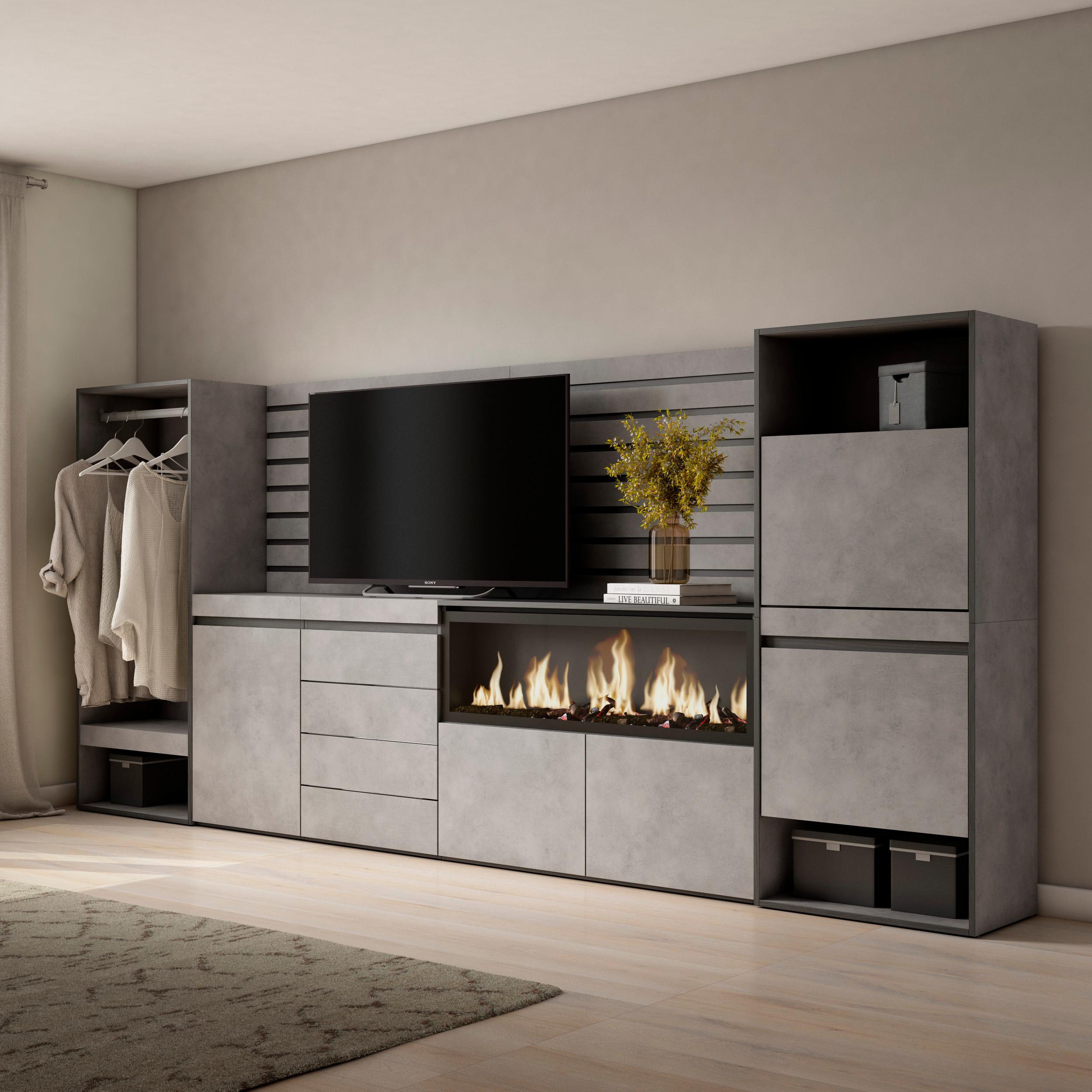 foto del prodotto credenza, 334x35x145cm, camera da letto, camino elettrico xxl, cassettiera, scarpiera, armadio aperto, grigio cemento rf3395