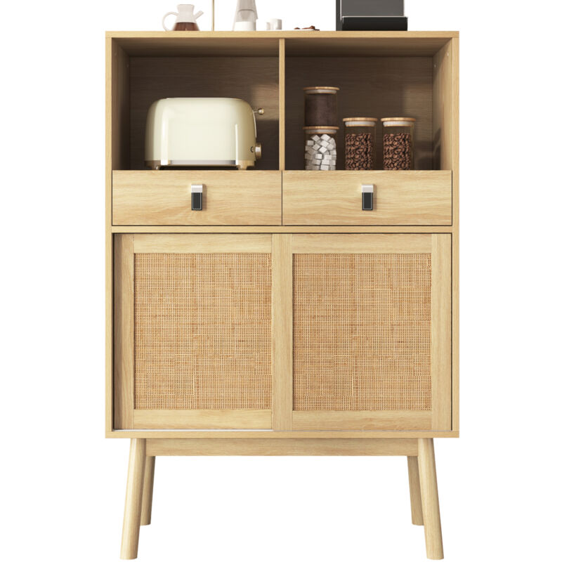 foto del prodotto credenza 80x39,5x120 cm, ante con intreccio in vero rattan, due cassetti, due ante e due vani a giorno, altezza gambe tavolo 18 cm