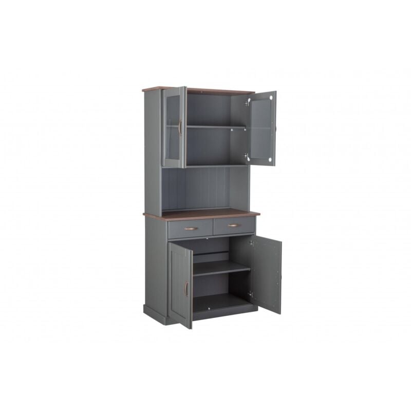 foto del prodotto credenza a 2 ante chiuse 2 vetrine e 2 cassetti, in pino massello verniciato grigio con top e finiture color marrone, 90x45x191 cm, con imballo