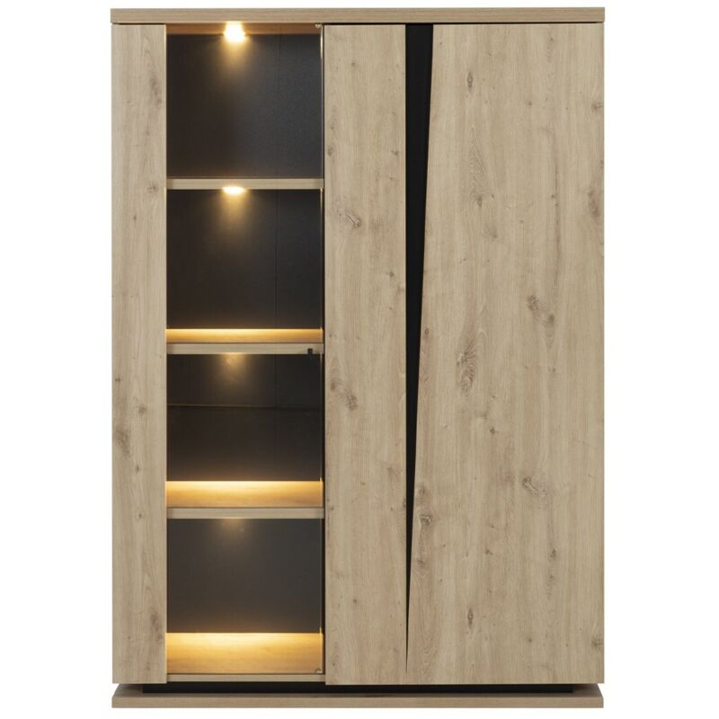 foto del prodotto credenza a 2 ante con vetro e illuminazione effetto quercia e nero
