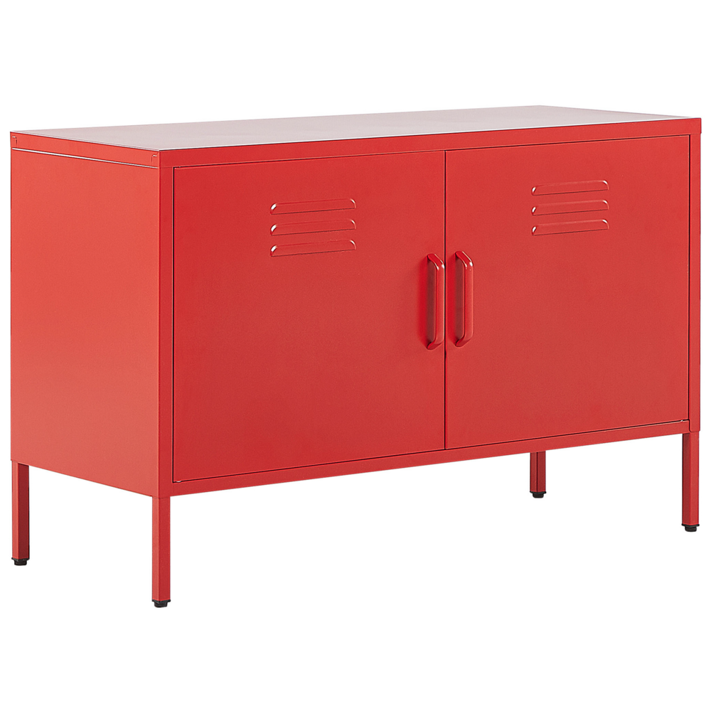 foto del prodotto credenza a 2 ante in acciaio rosso home office mobili ripiani tappi per gambe design industriale