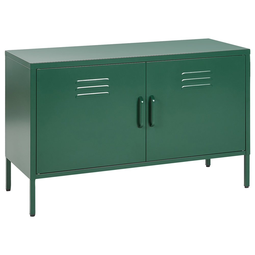 foto del prodotto credenza a 2 ante in acciaio verde mensole per mobili per ufficio a casa tappi per gambe design industriale