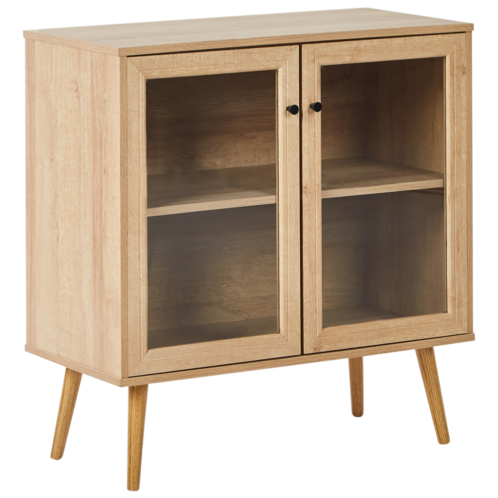 foto del prodotto credenza a 2 ante in truciolato marrone chiaro con gambe in legno di pino 1 ripiano con frontale in vetro stile minimalista