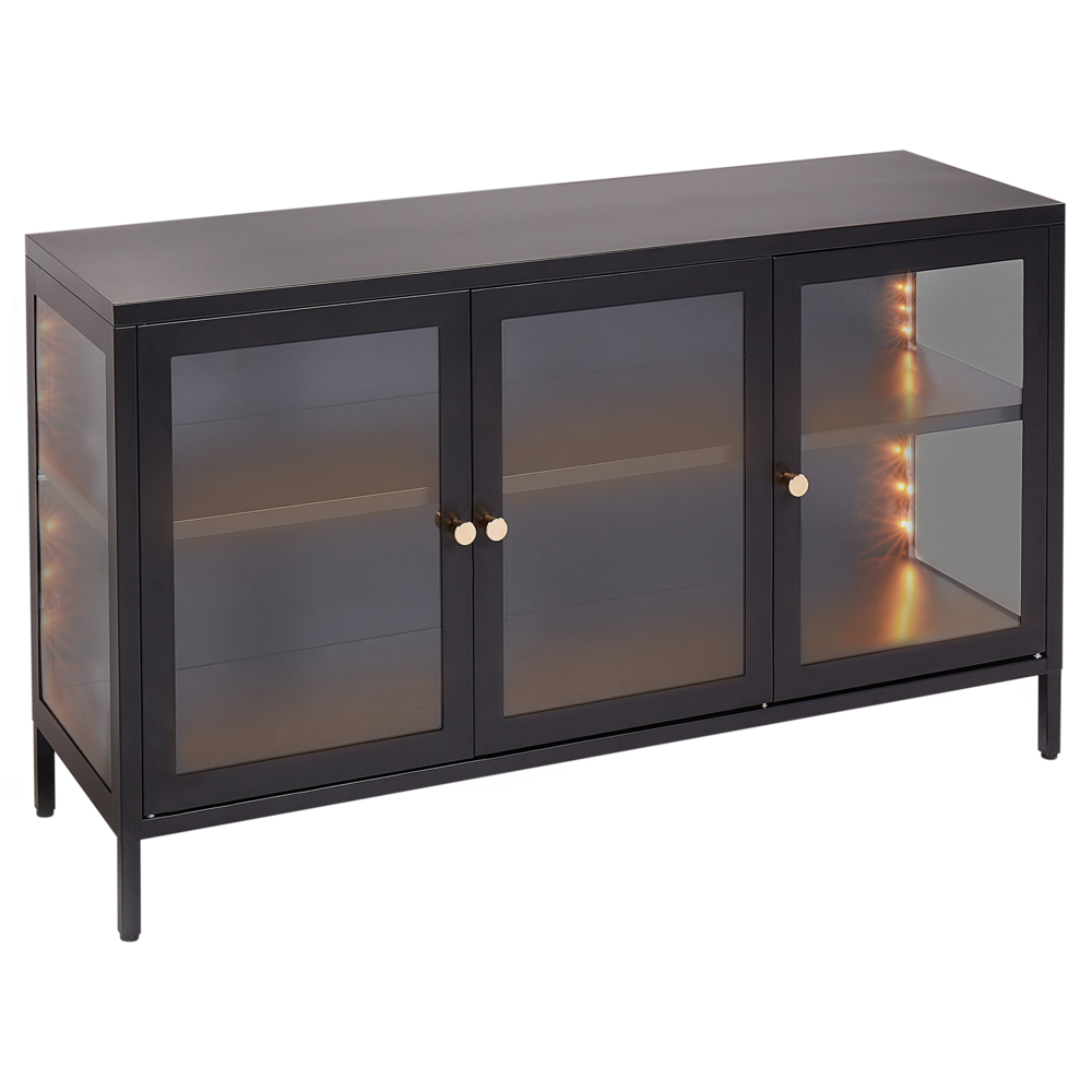 foto del prodotto credenza a 3 ante in acciaio nero con vetro temperato, ripiani regolabili, tappi per le gambe, mobili per il soggiorno dal design moderno.