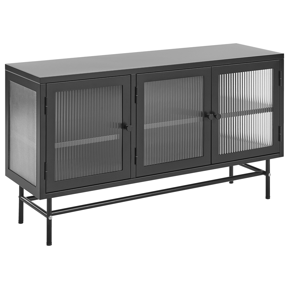 foto del prodotto credenza a 3 ante in metallo nero e vetro con ripiani 115 x 35