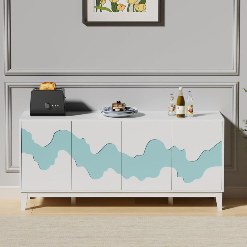 foto del prodotto credenza a 4 ante con motivo ondulato, mobile portaoggetti, armadio per soggiorno, camera da letto, corridoio,160 x 40 x 73 cm, bianco uev