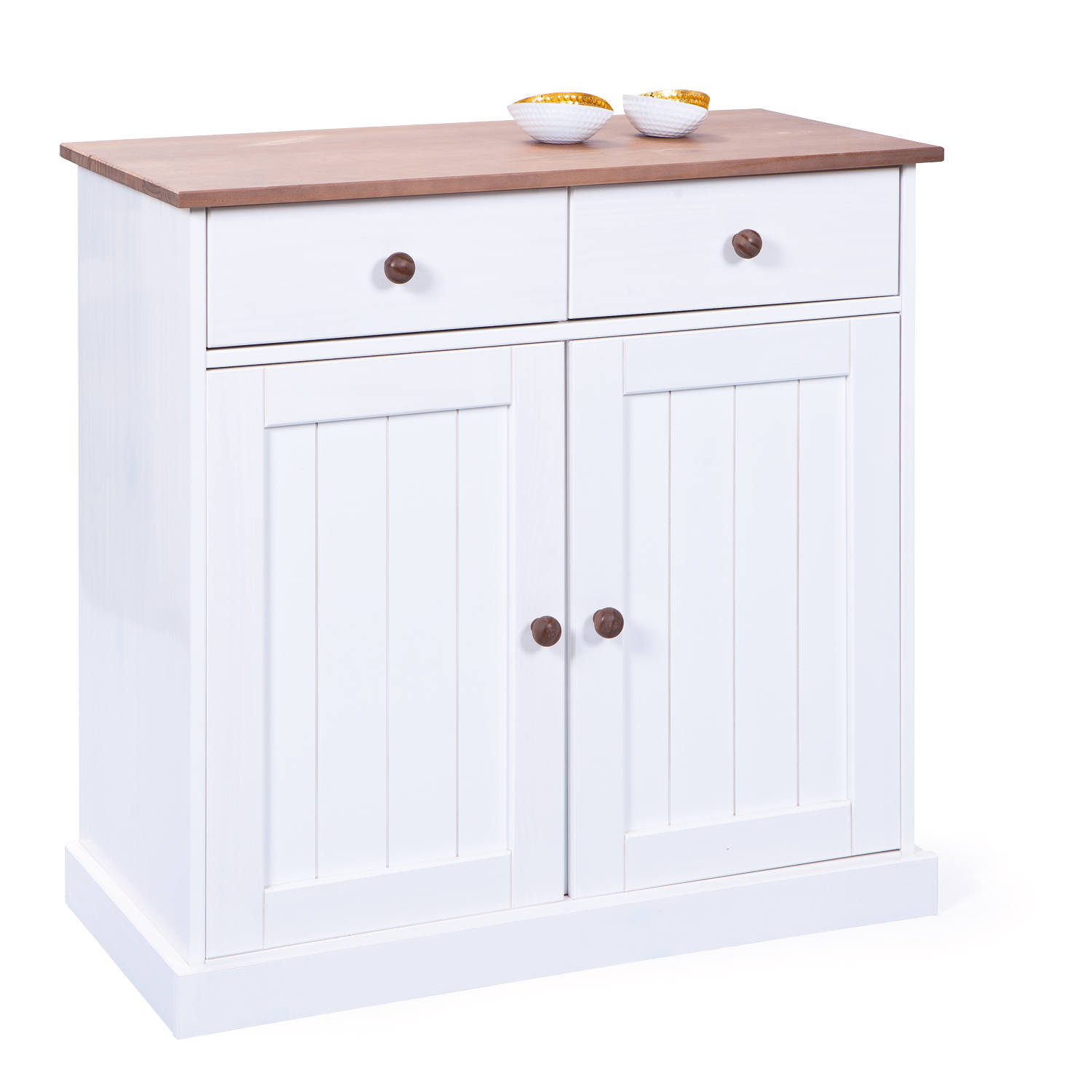 foto del prodotto credenza a due ante e due dknap, colore bianco e marrone, cm 90 x 86 x 45.