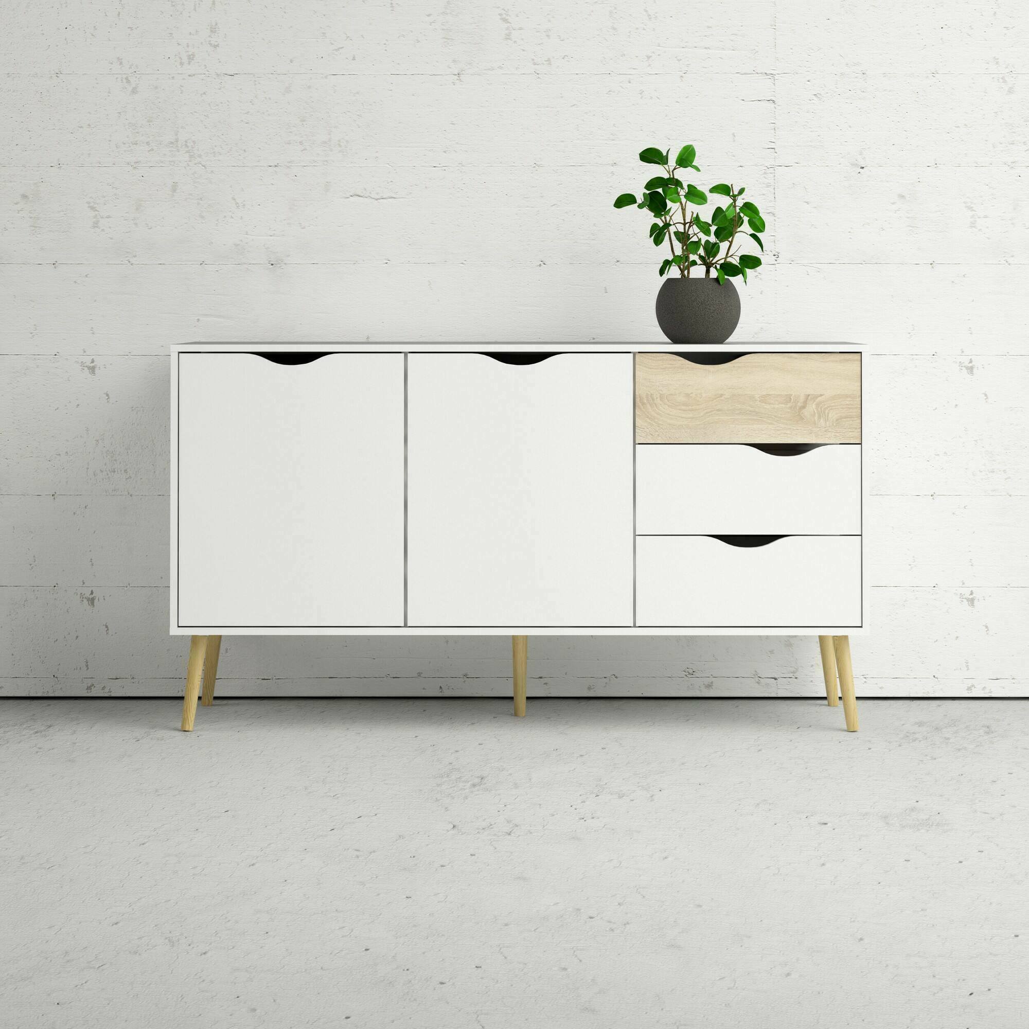 foto del prodotto credenza a due ante e tre animato, colore bianco e rovere, misure 147 x 81 x 39 cm