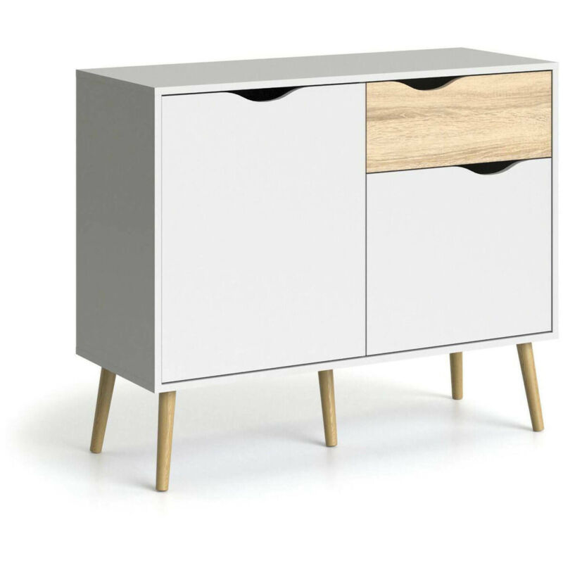 foto del prodotto credenza a due ante e un cassetto, colore bianco e rovere, misure 98 x 81 x 39 cm, con imballo rinforzato dmora