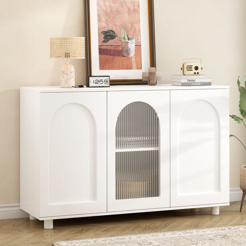 foto del prodotto credenza a forma di u elegante e semplice in bianco puro con anta in vetro e design rimbalzante per cucina, soggiorno e sala da pranzo
