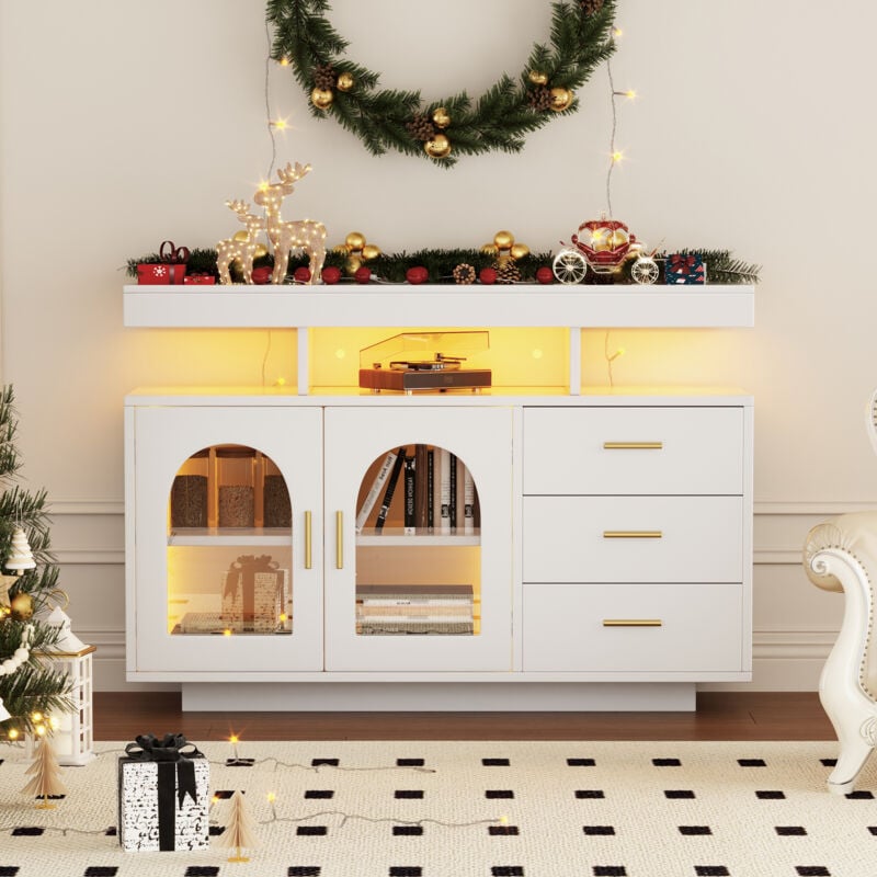 foto del prodotto credenza a led, mobile bar da 120 cm, cassettiera, credenza da soggiorno, mobile da cucina luminoso con 16 luci colorate per sala da pranzo bianco 