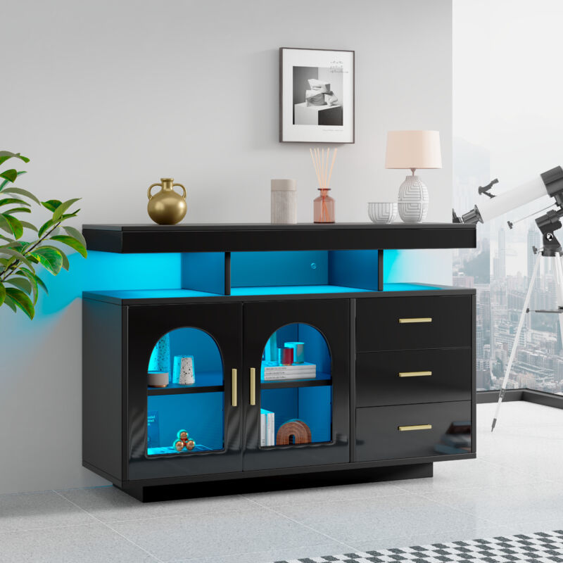 foto del prodotto credenza a led, mobile bar da 120 cm, cassettiera, credenza da soggiorno, mobile da cucina luminoso con 16 luci colorate per sala da pranzo nero 