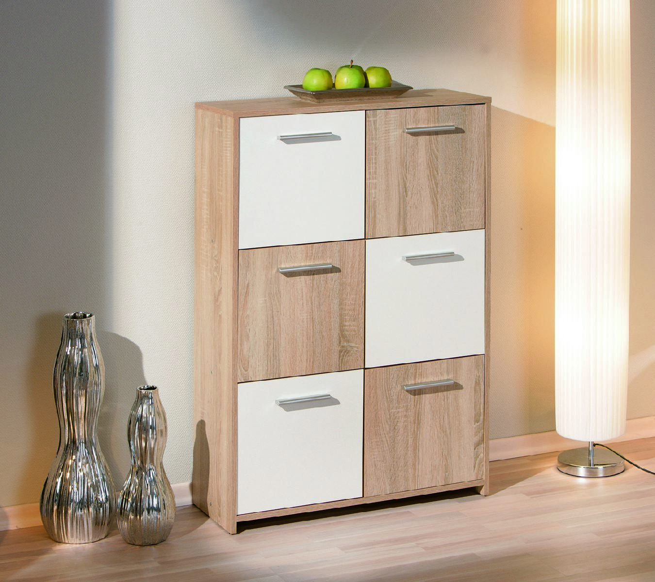 foto del prodotto credenza a sei dda, colore bianco e rovere, misure 77 x 115 x 30 cm