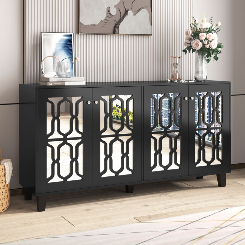 foto del prodotto credenza a specchio nera, credenza soggiorno, credenza sala da pranzo con 4 ante, maniglie in cristallo freddo, laminato sfoderabile, 160x40x84 cm