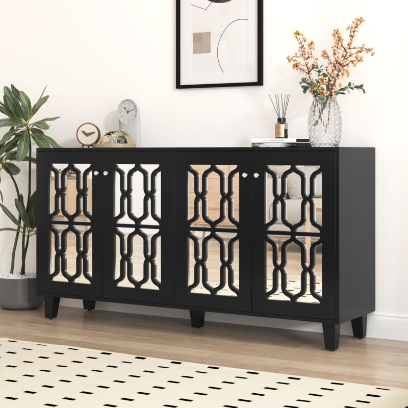 foto del prodotto credenza a specchio nero con maniglie in fresco cristallo, quattro ante, con laminato mobile, per soggiorno e sala da pranzo, 160 x 40 x 84 cm okwish