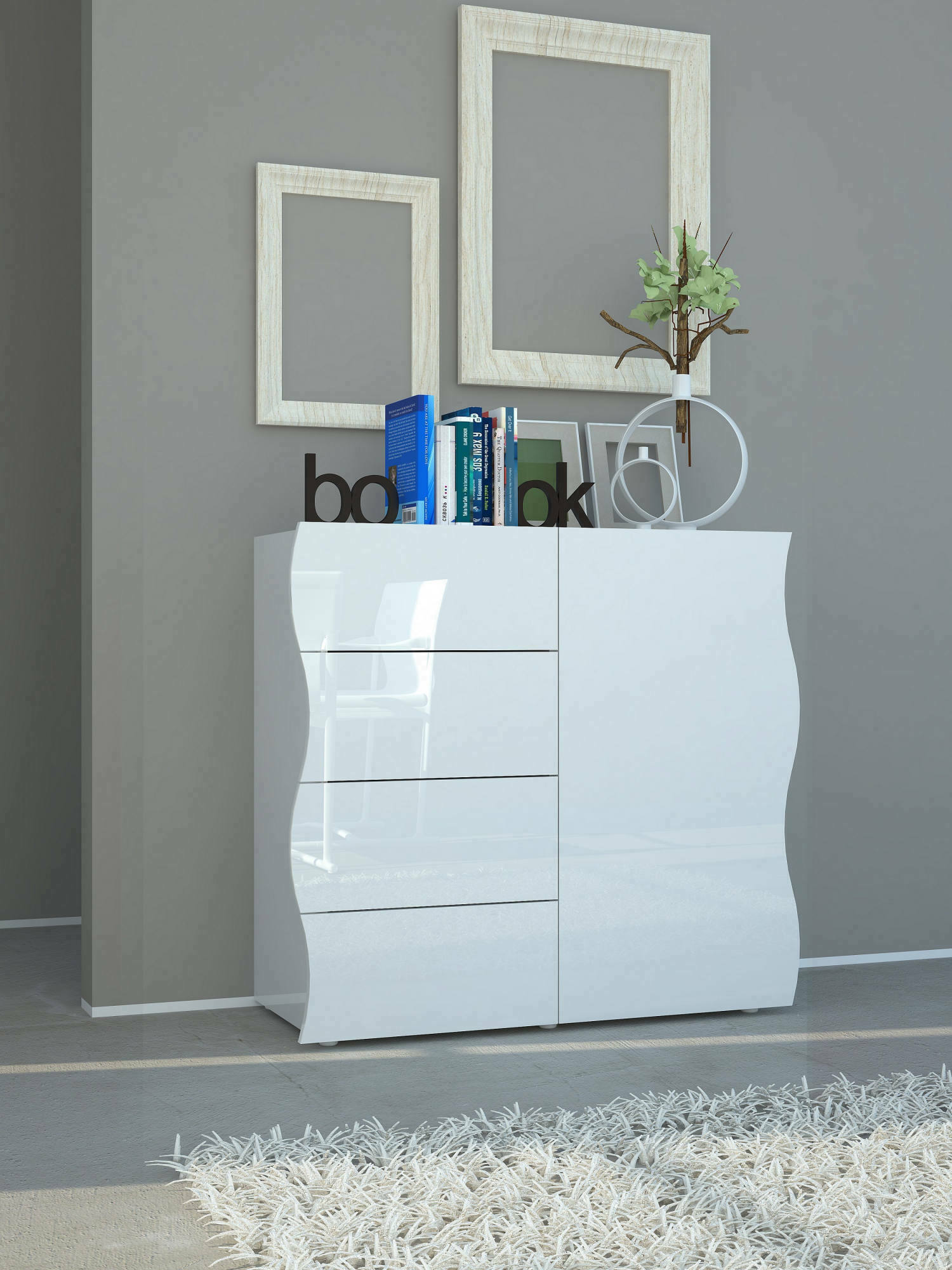 foto del prodotto credenza abig, madia di design, a 1 anta e 4 cassetti, made in italy, mobile porta tv, buffet da soggiorno, cm 90x40h81, colore bianco lucido