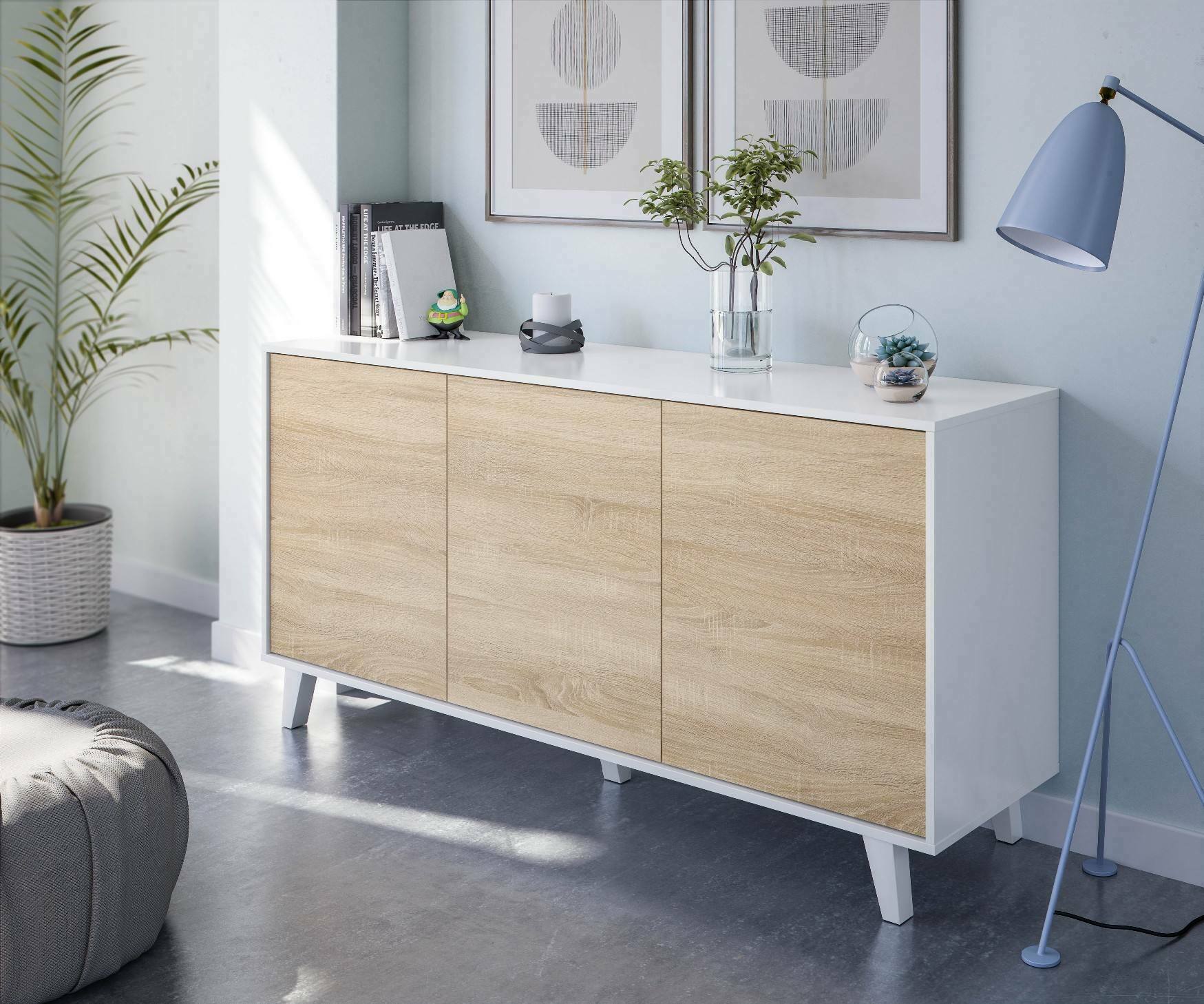 foto del prodotto credenza acrolorum, madia moderna a 3 ante e ripiani, buffet da cucina, buffet di design da soggiorno, cm 154x40h75, bianco lucido e bianco