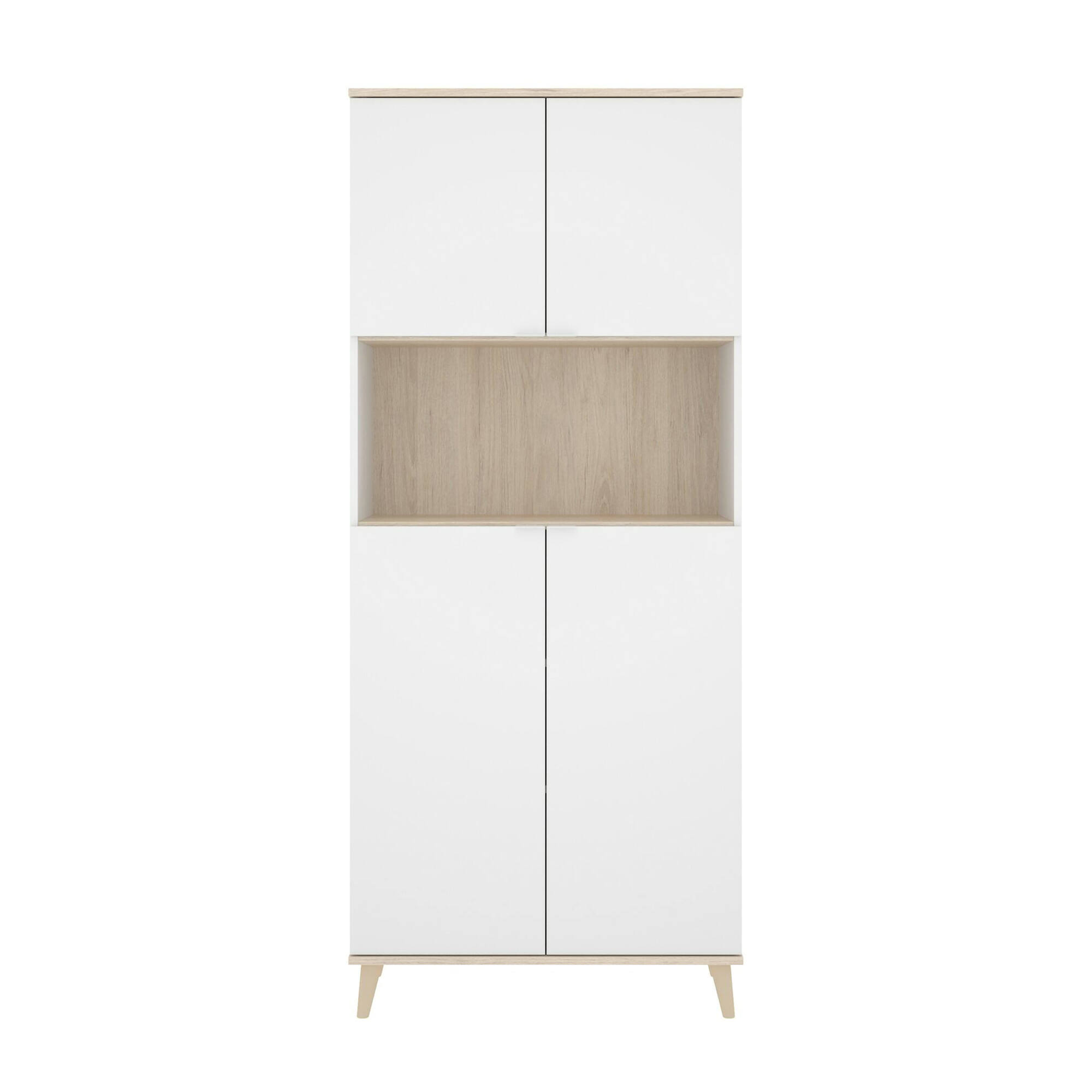 foto del prodotto credenza acura, buffet dispensa da soggiorno, madia da salotto moderna a 4 ante, 80x40h191 cm, bianco e rovere