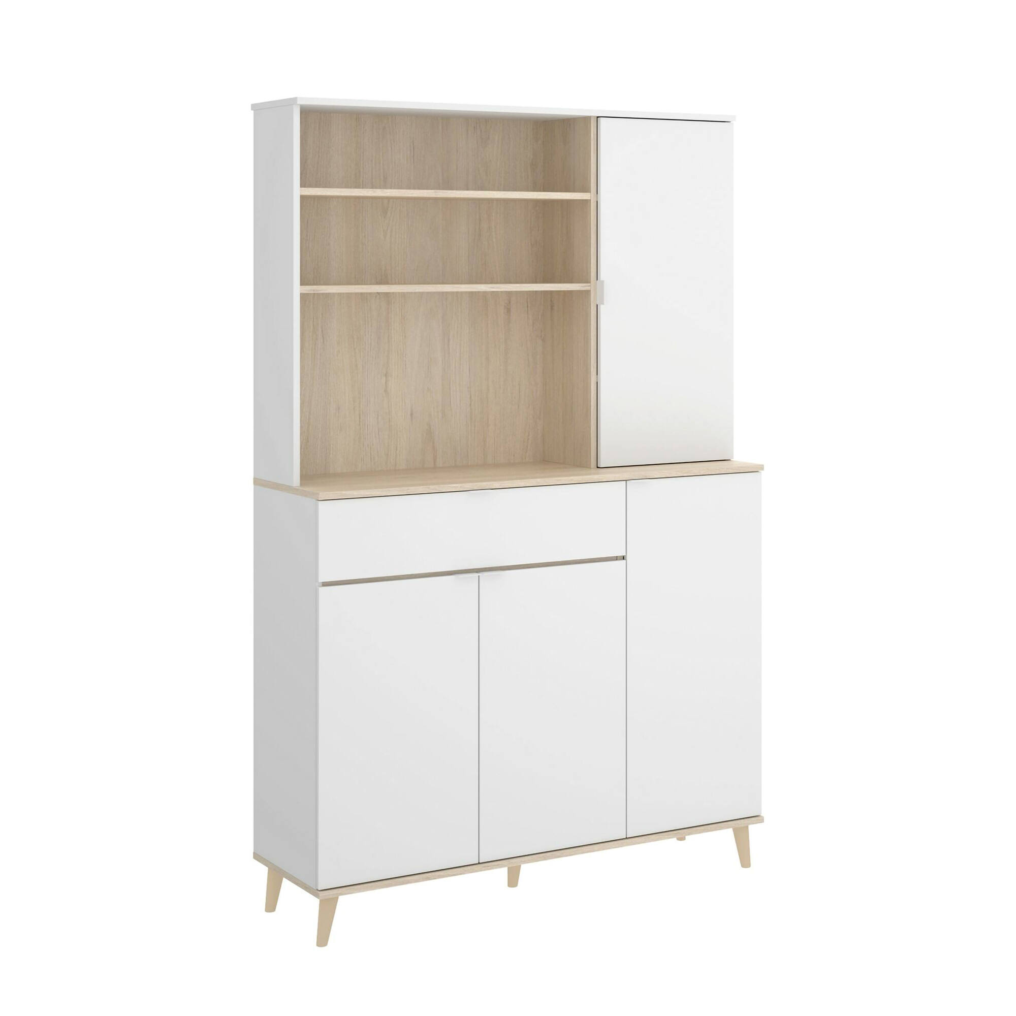 foto del prodotto credenza aeris, buffet dispensa da soggiorno, madia da salotto moderna a 4 ante, 120x40h191 cm, bianco e rovere
