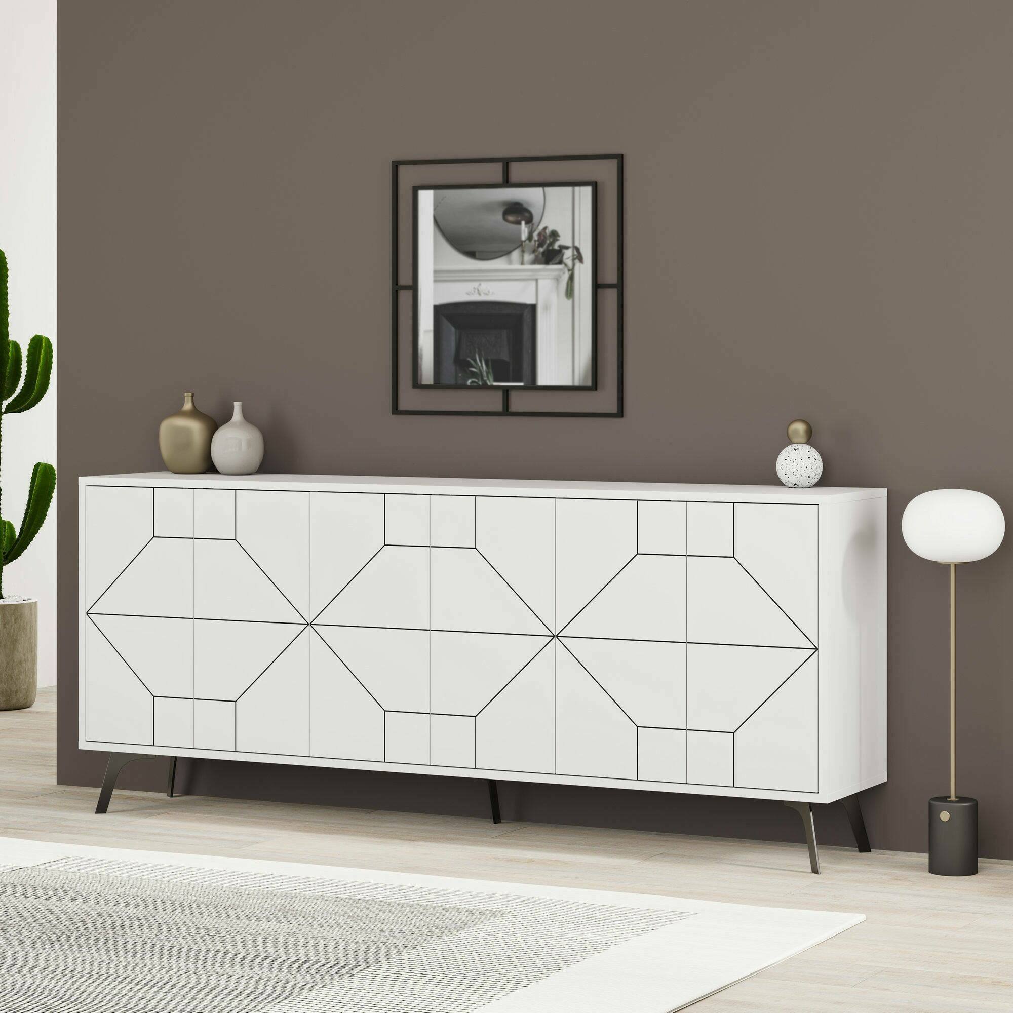 foto del prodotto credenza africo, buffet da soggiorno, madia da salotto, dispensa da cucina, 184x35h77 cm, bianco