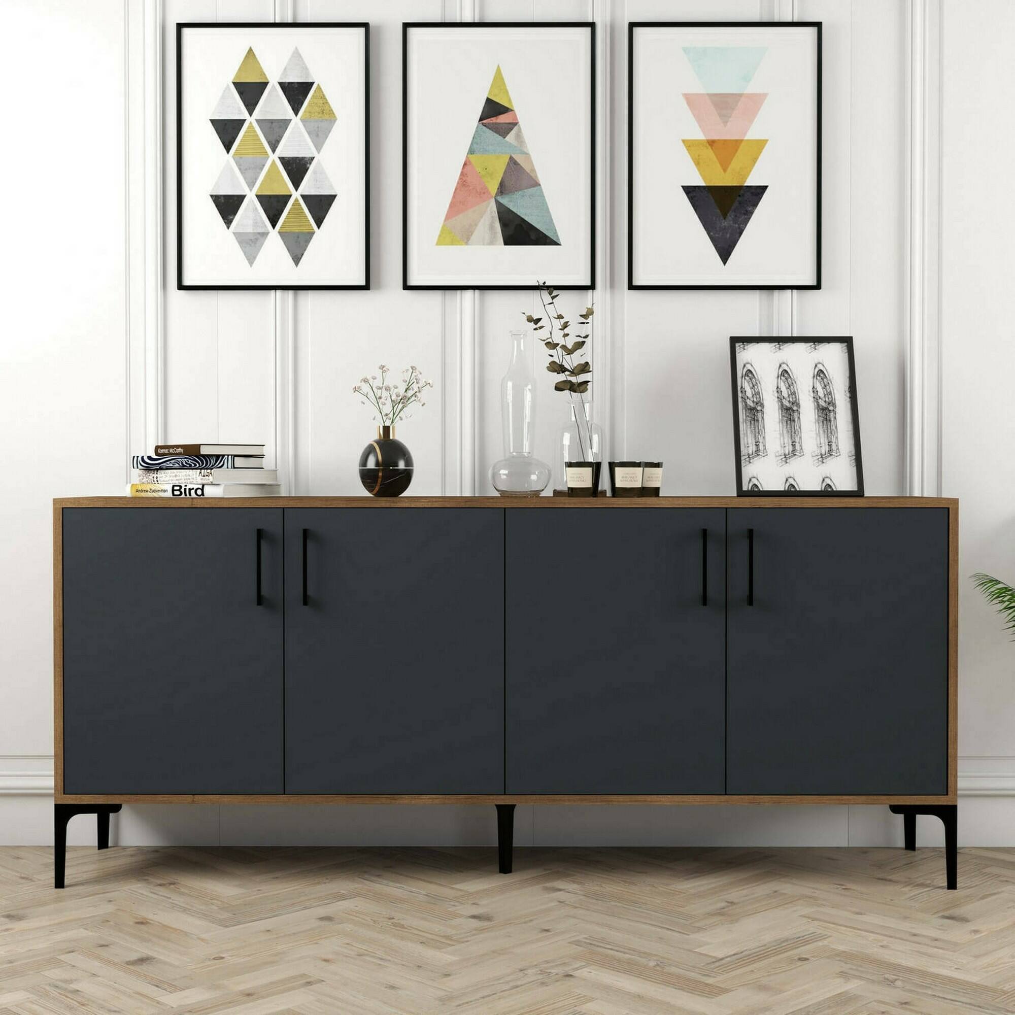 foto del prodotto credenza agape, buffet da soggiorno, madia da salotto, dispensa da cucina, 180x35h78 cm, noce e antracite