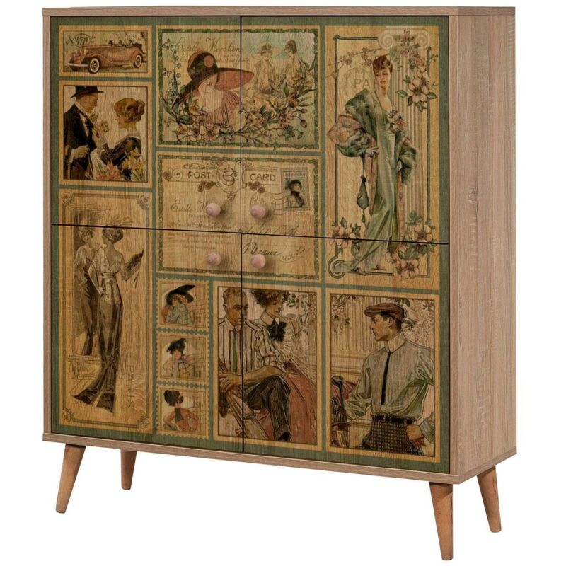 foto del prodotto credenza agyemang, buffet da soggiorno, madia da salotto, dispensa da cucina, 95x36 h111 cm, quercia e multicolore dmora