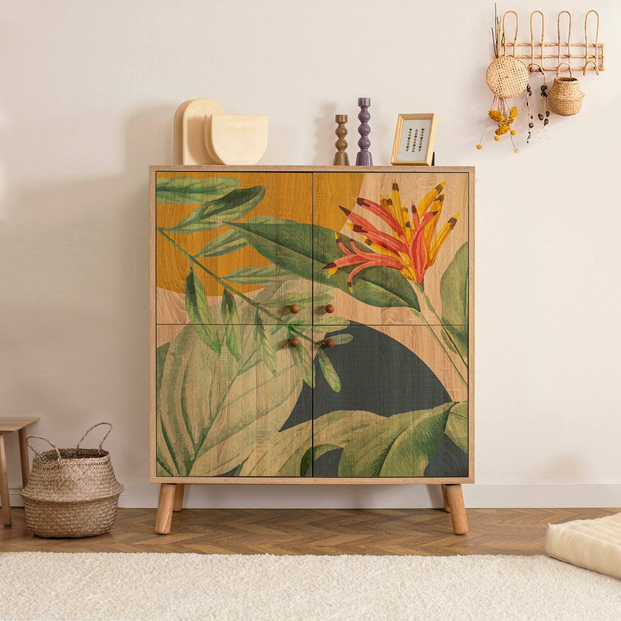 foto del prodotto credenza agyemang, buffet da soggiorno, madia da salotto, dispensa da cucina, 95x36 h111 cm, quercia e verde