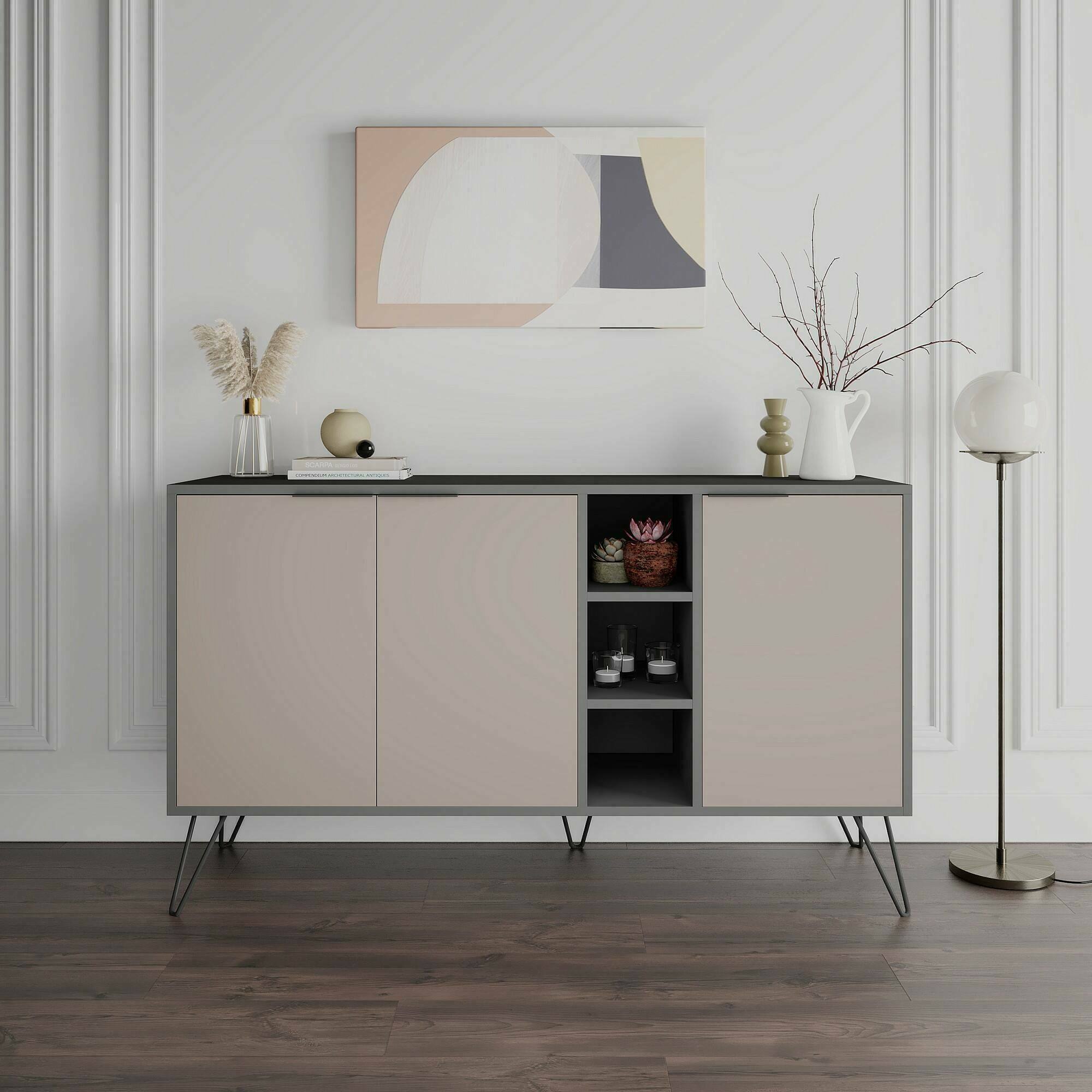 foto del prodotto credenza alin, buffet da soggiorno, madia da salotto, dispensa da cucina, 142x36h83 cm, antracite e beige