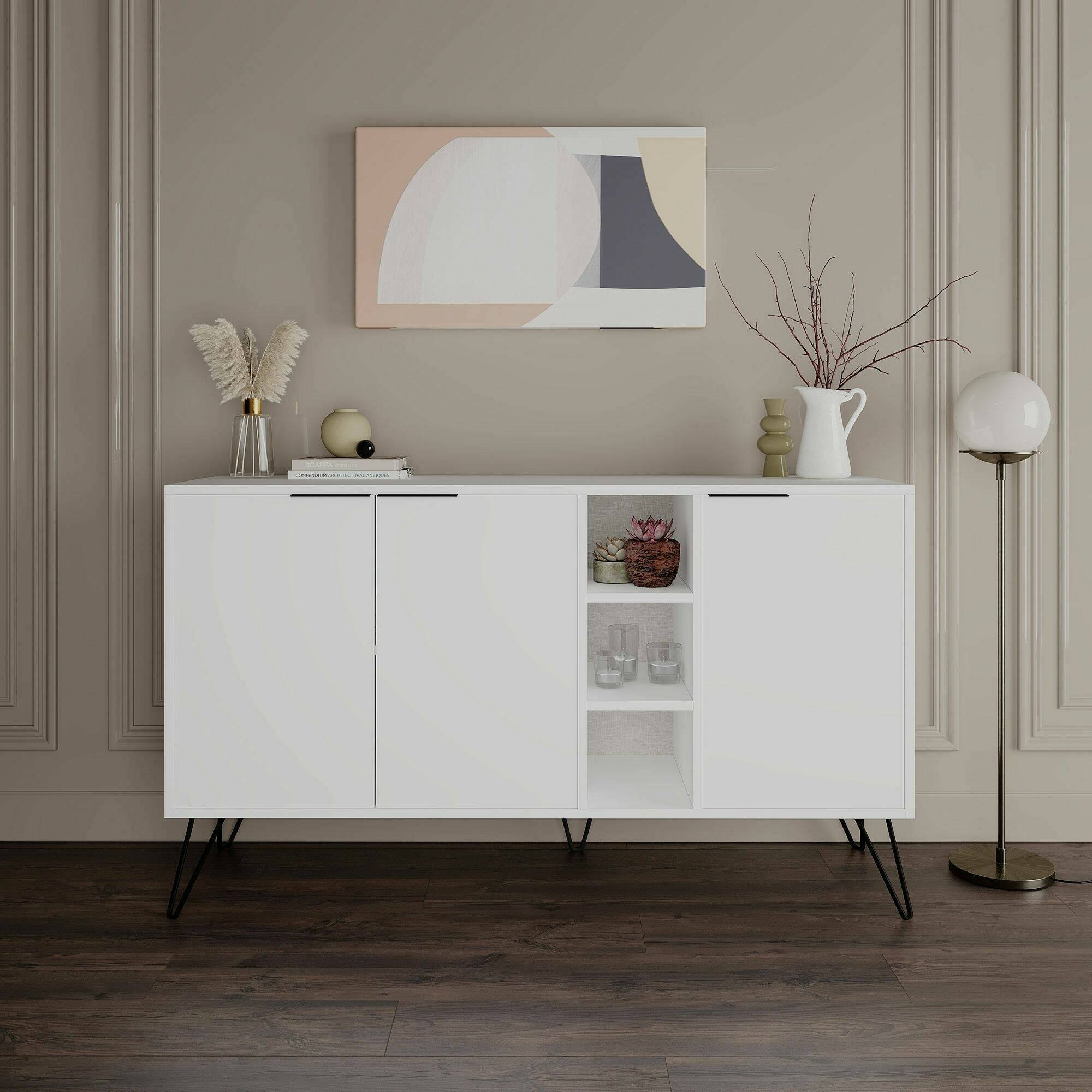 foto del prodotto credenza alin, buffet da soggiorno, madia da salotto, dispensa da cucina, 142x36h83 cm, bianco