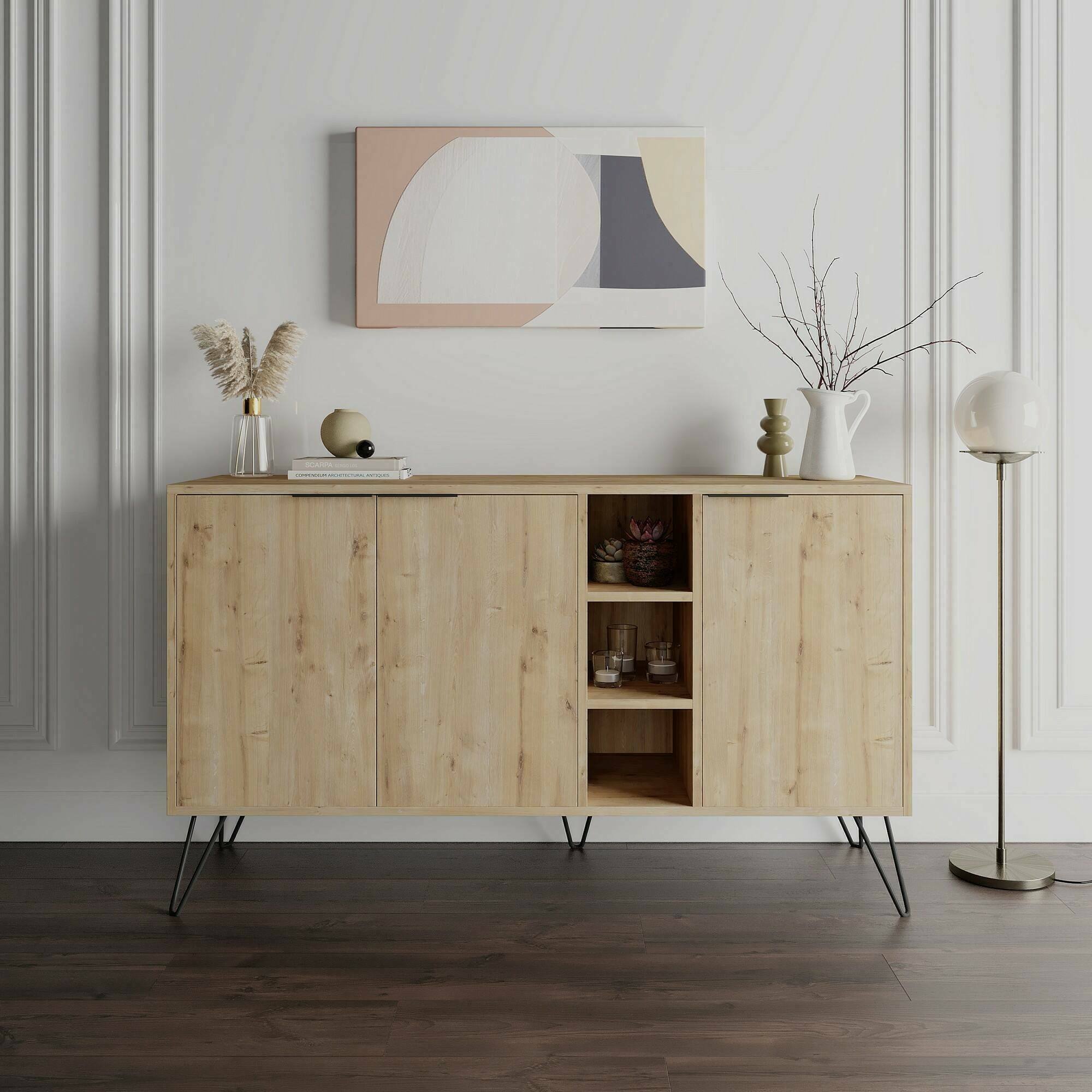 foto del prodotto credenza alin, buffet da soggiorno, madia da salotto, dispensa da cucina, 142x36h83 cm, quercia