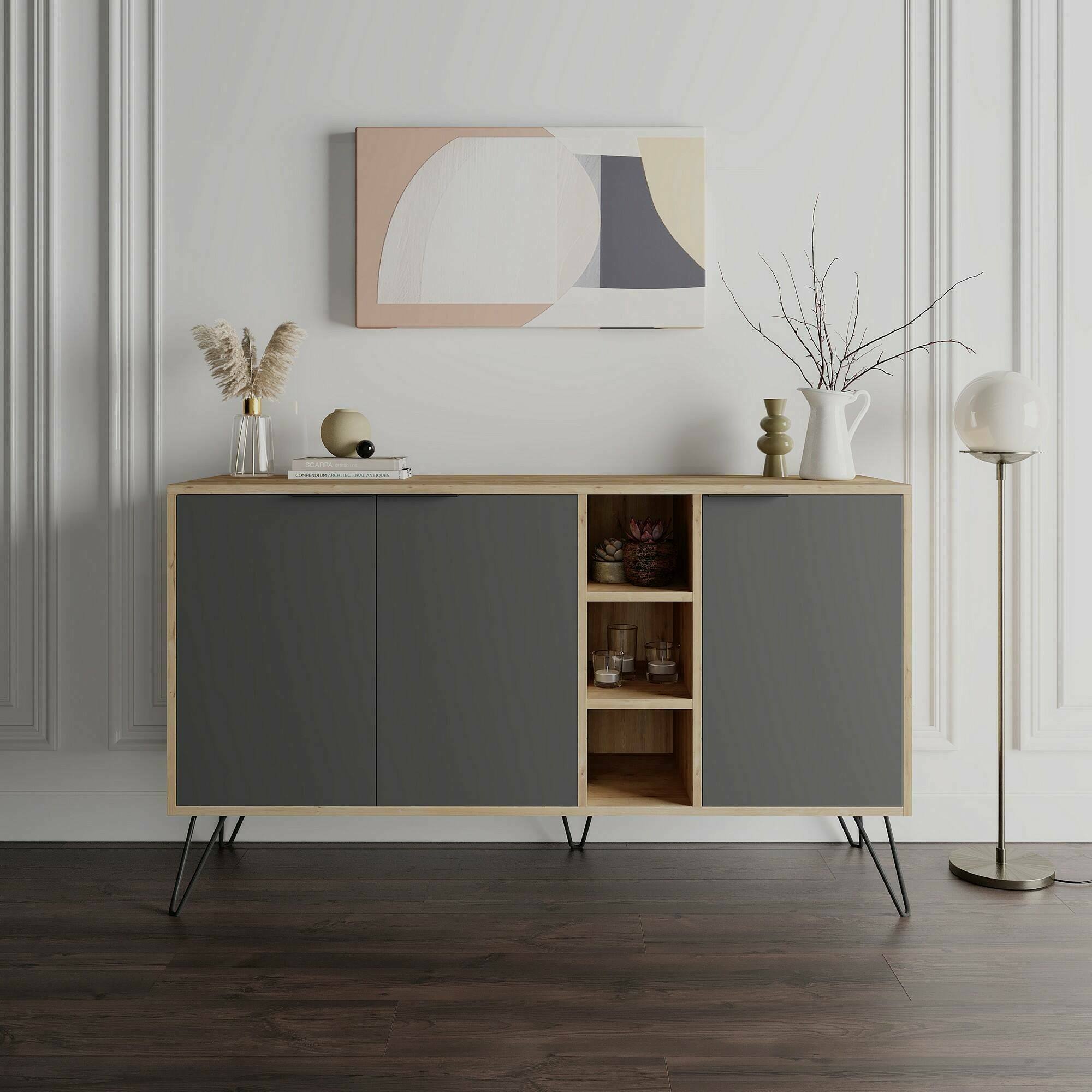 foto del prodotto credenza alin, buffet da soggiorno, madia da salotto, dispensa da cucina, 142x36h83 cm, quercia e antracite