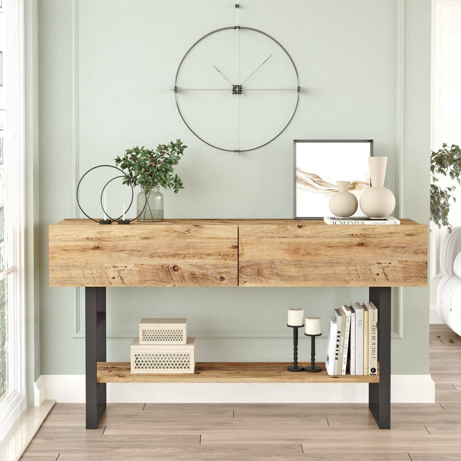 foto del prodotto credenza allein, buffet da soggiorno, madia da salotto, dispensa da cucina, 139x43 h76 cm, quercia